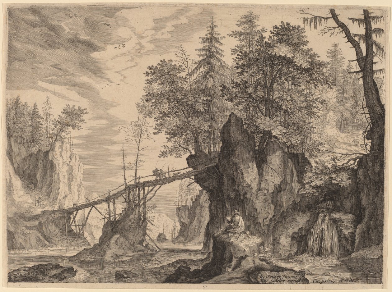 Ritare på en sten före en bro av Aegidius Sadeler II after Roelandt Savery