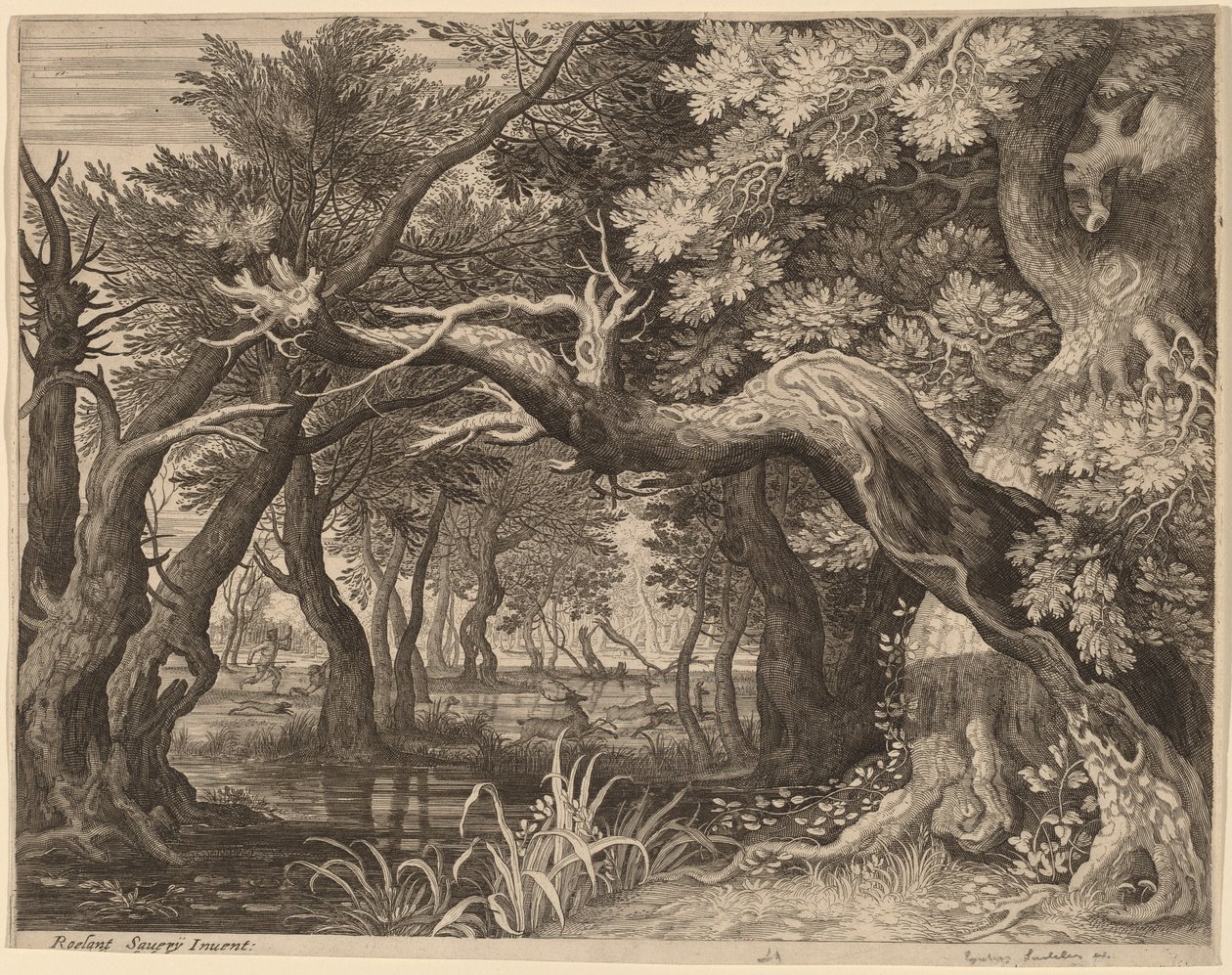 Stag Hunt nära en pool av Aegidius Sadeler II after Roelandt Savery
