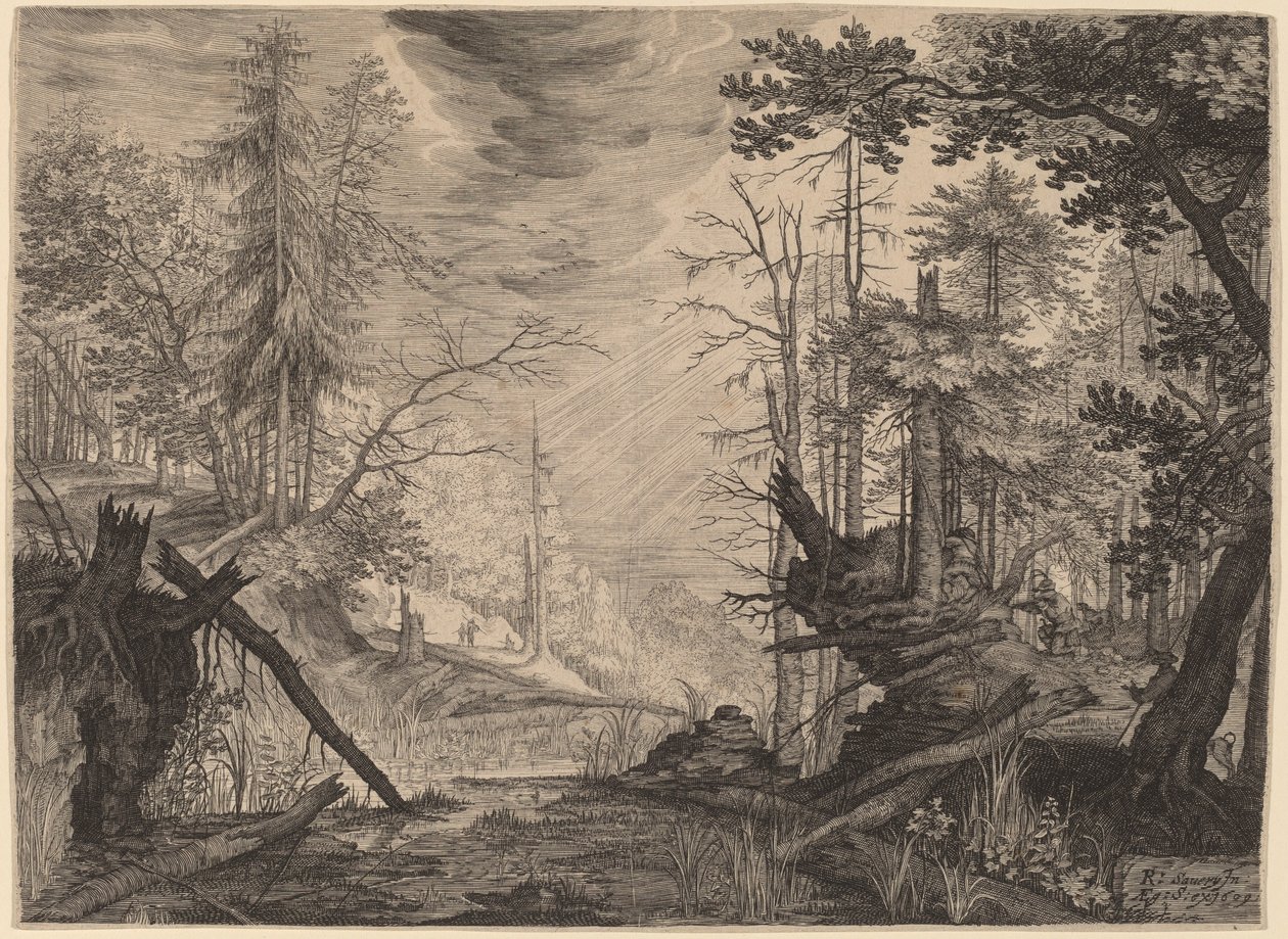 Tre jägare och två hundar nära en pool av Aegidius Sadeler II after Roelandt Savery