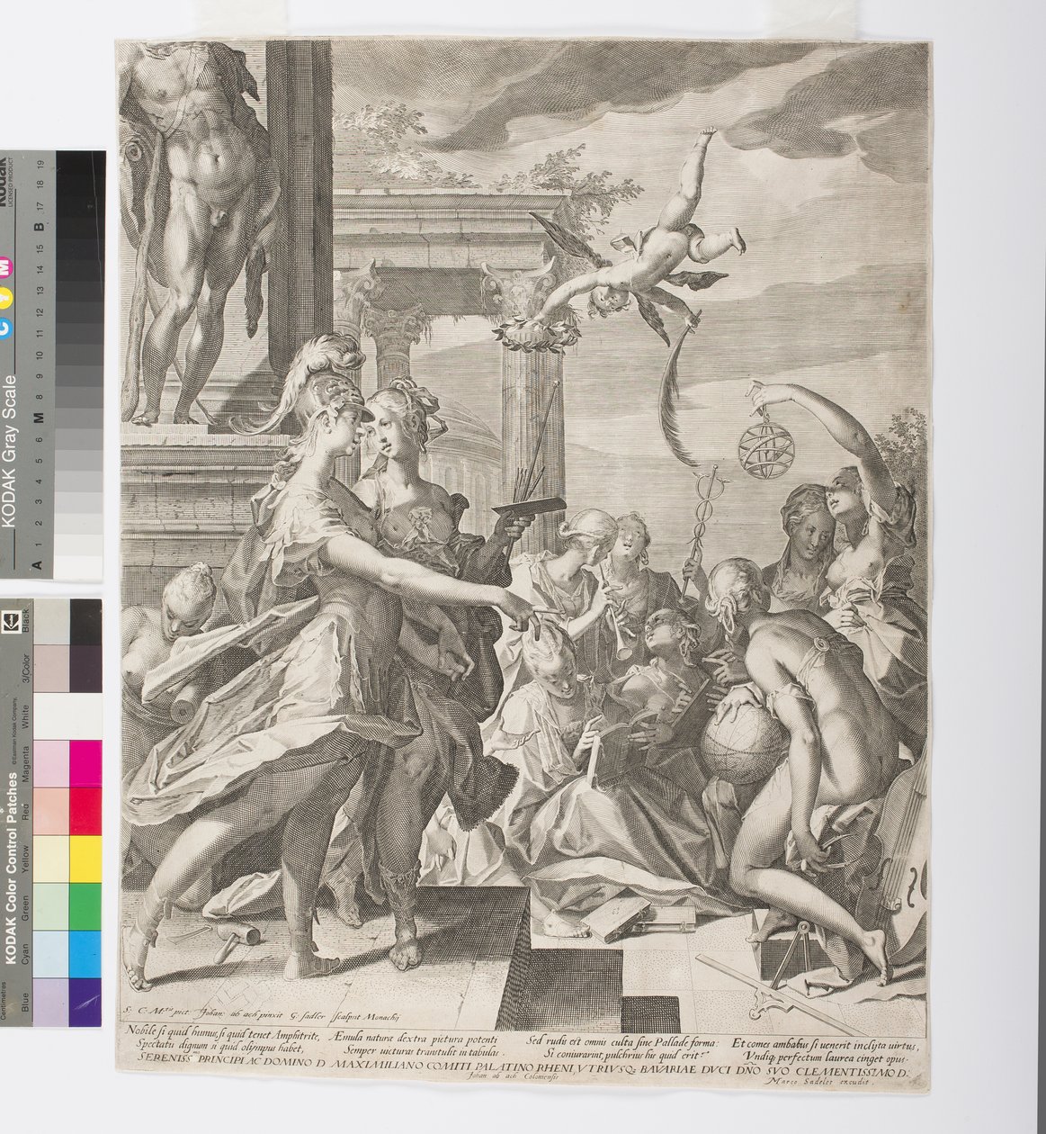 Athena introducerar målning bland muserna, ca 1603 (etsning och gravyr) av Aegidius Sadeler or Saedeler