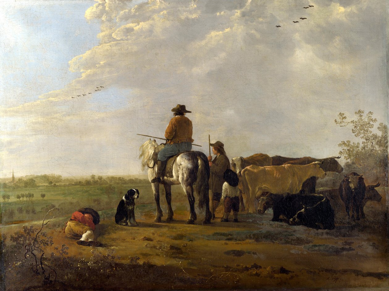 A Landscape with Horseman, Herders and Cattle av Aelbert Cuyp