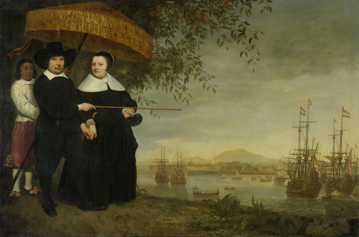 En ledande köpman i det holländska ostindiska kompaniet Jacob Mathieusen och hans fru i Batavia där det holländska ostindiska kompaniets fartyg förbereder sig för att segla hem ca 1640-60. av Aelbert Cuyp