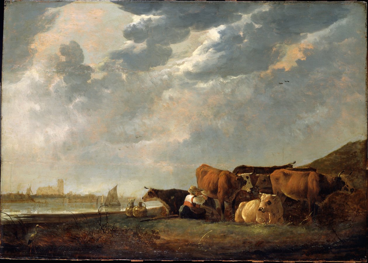 Nötkreatur nära Maas, med Dordrecht i fjärran av Aelbert Cuyp