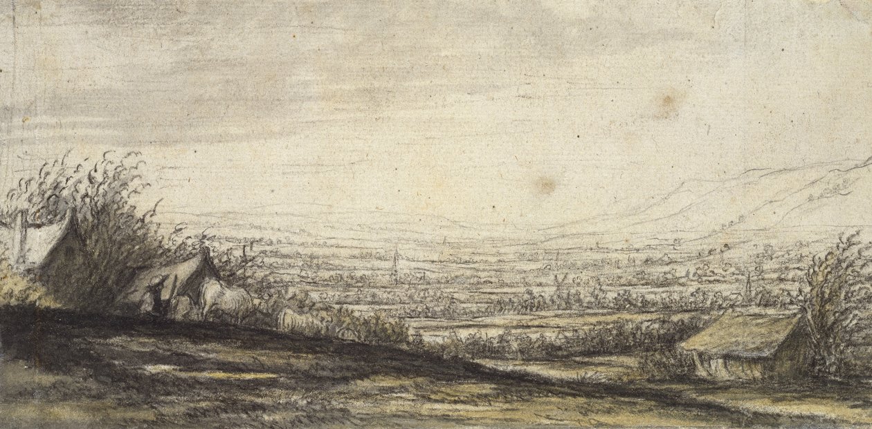 Omfattande landskap med stuga och boskap (svart krita, grå och gul tvätt) av Aelbert Cuyp