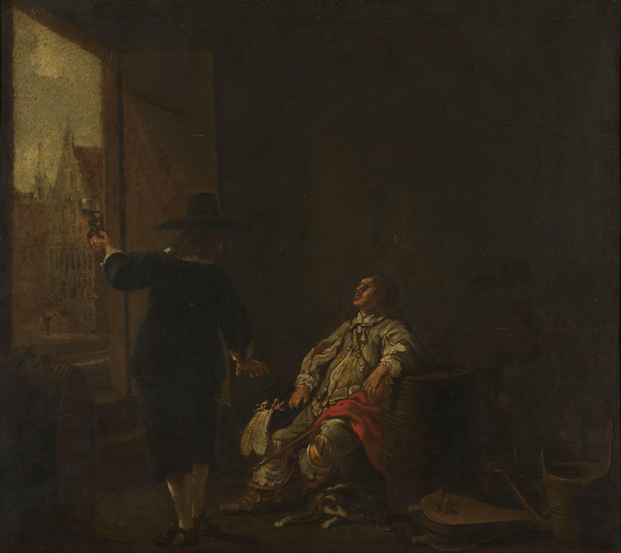Skylt för en vinbutik, med Tasting the Wine på ena sidan och Barreling the Wine på den andra av Aelbert Cuyp (circle of)
