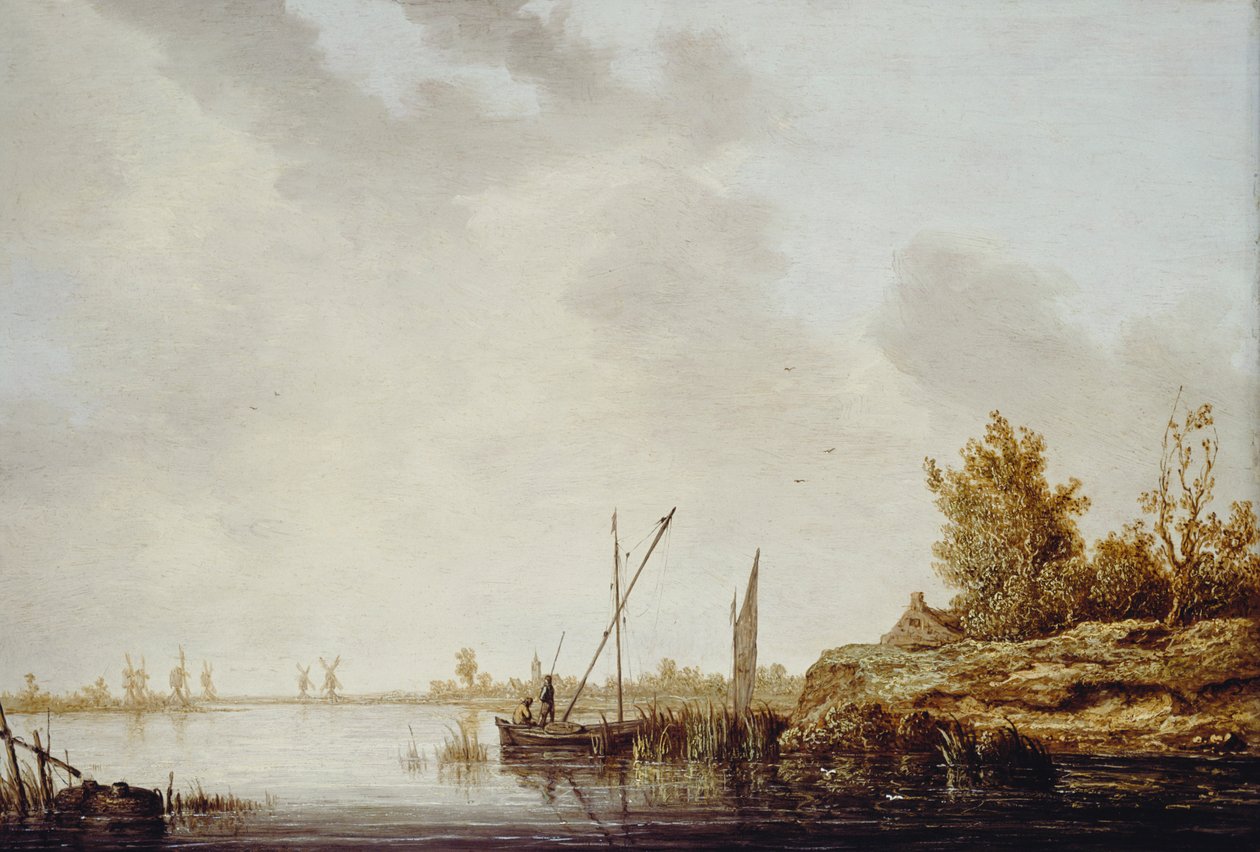 En flodscen med avlägsna väderkvarnar, c.1640-42 av Aelbert Cuyp