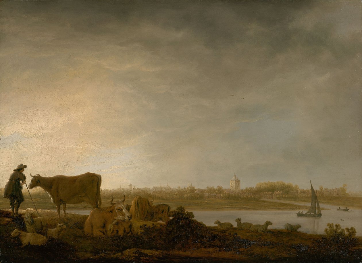 Vy över Vianen med en herde och boskap vid en flod, ca 1643-45 (olja på pannå) av Aelbert Cuyp