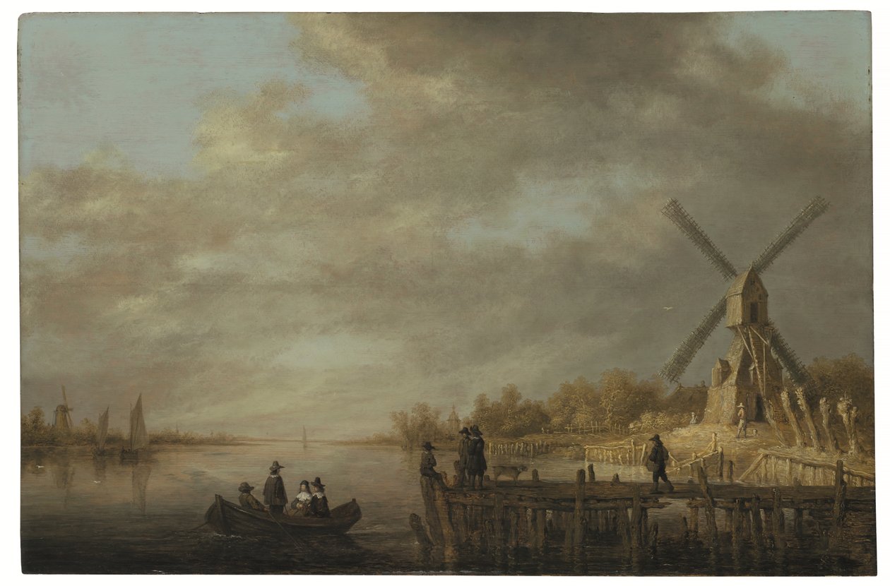 Ett flodlandskap med en väderkvarn och herrar i roddbåt och på en brygga i förgrunden (olja på pannå) av Aelbert Cuyp