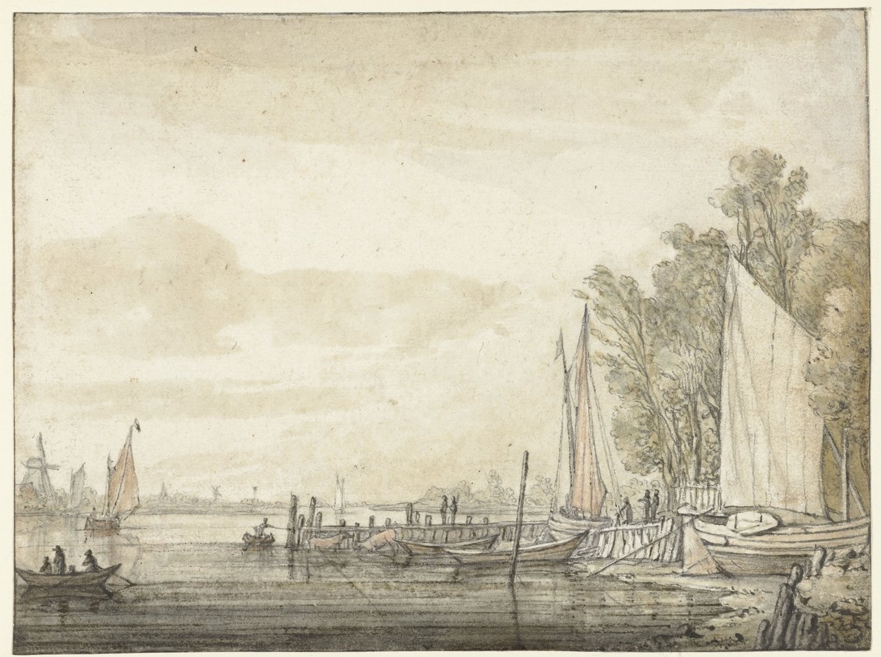 Båtar vid en brygga i en flod av Aelbert Cuyp