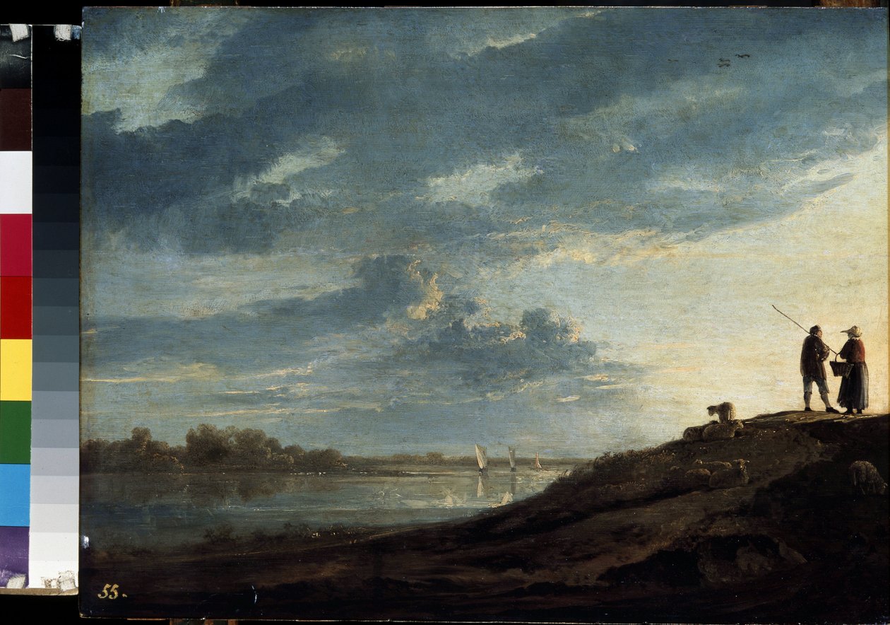 Solnedgång över en flod Målning av Albert (Aelbert eller Aelbrecht) Cuyp (1620-1691) cirka 1650 Mått 38,5x53 cm Eremitagemuseet, Sankt Petersburg av Aelbert Cuyp