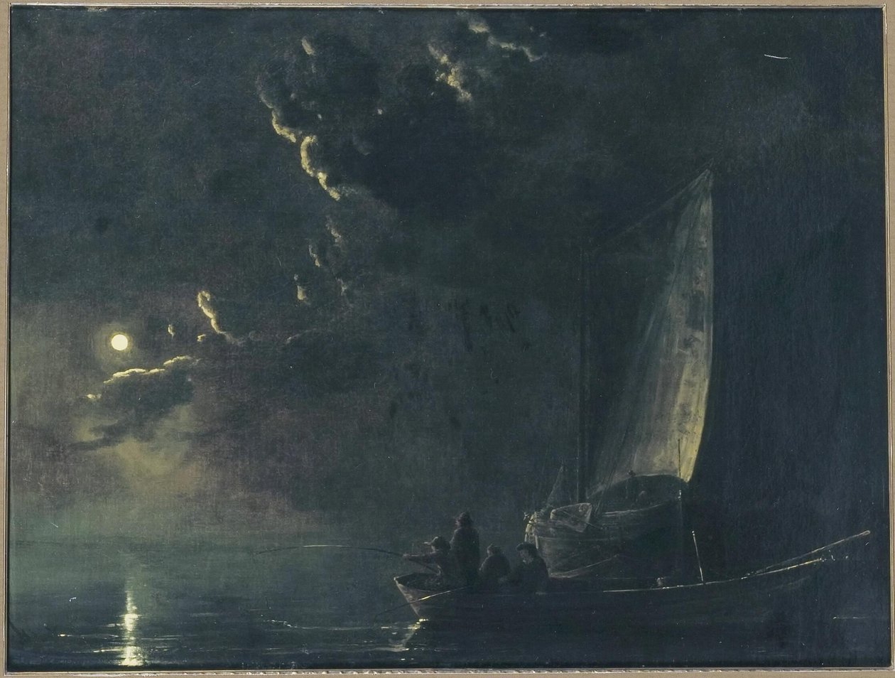 Tyska: Månlandskap, i förgrunden en fiskebåt med fiskare Fiskare i månsken av Aelbert Cuyp