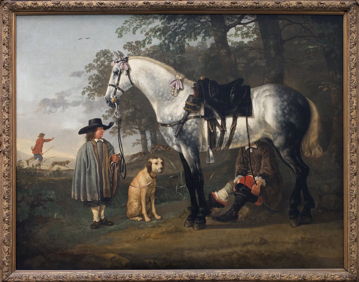 Grå häst i ett landskap. Målning av Albert (Aelbert eller Aelbrecht) Cuyp (1620-1691), olja på duk, cirka 1650. Holländsk konst av Aelbert Cuyp