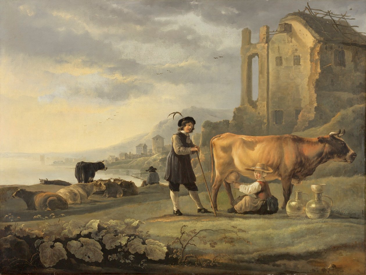 Landskap med jungfru som mjölkar en ko av Aelbert Cuyp