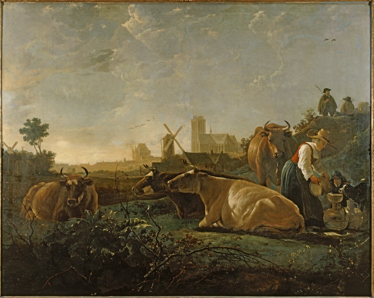 Mjölkerska och boskap nära Dordrecht ... (målning på duk) av Aelbert Cuyp