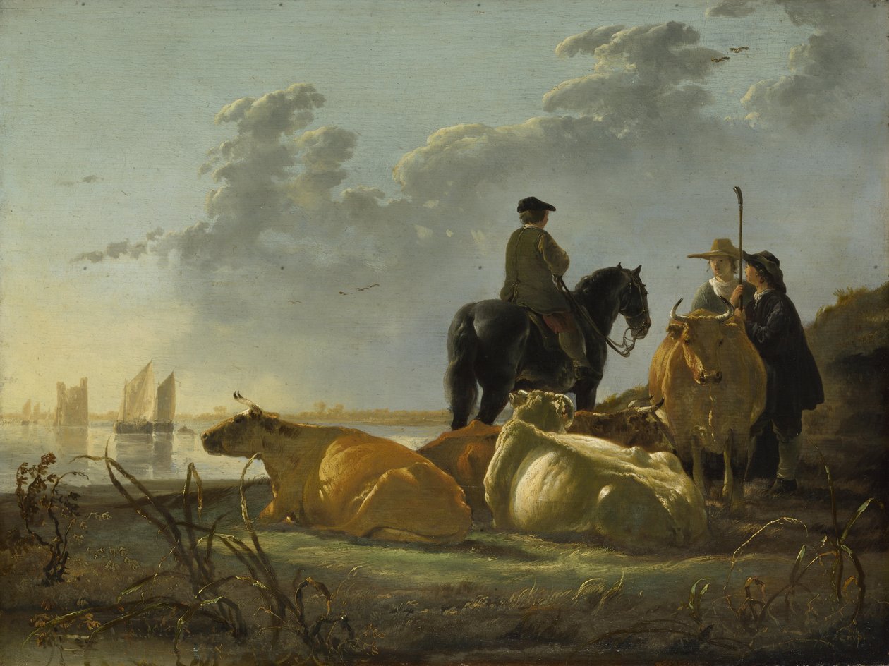 Bönder och boskap vid floden Merwede, ca 1655-60 (olja på panel) av Aelbert Cuyp