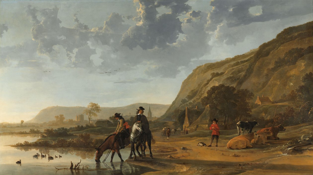 Flodlandskap med ryttare Flodlandskap nära Nijmegen med ryttare som vattnar sina hästar av Aelbert Cuyp