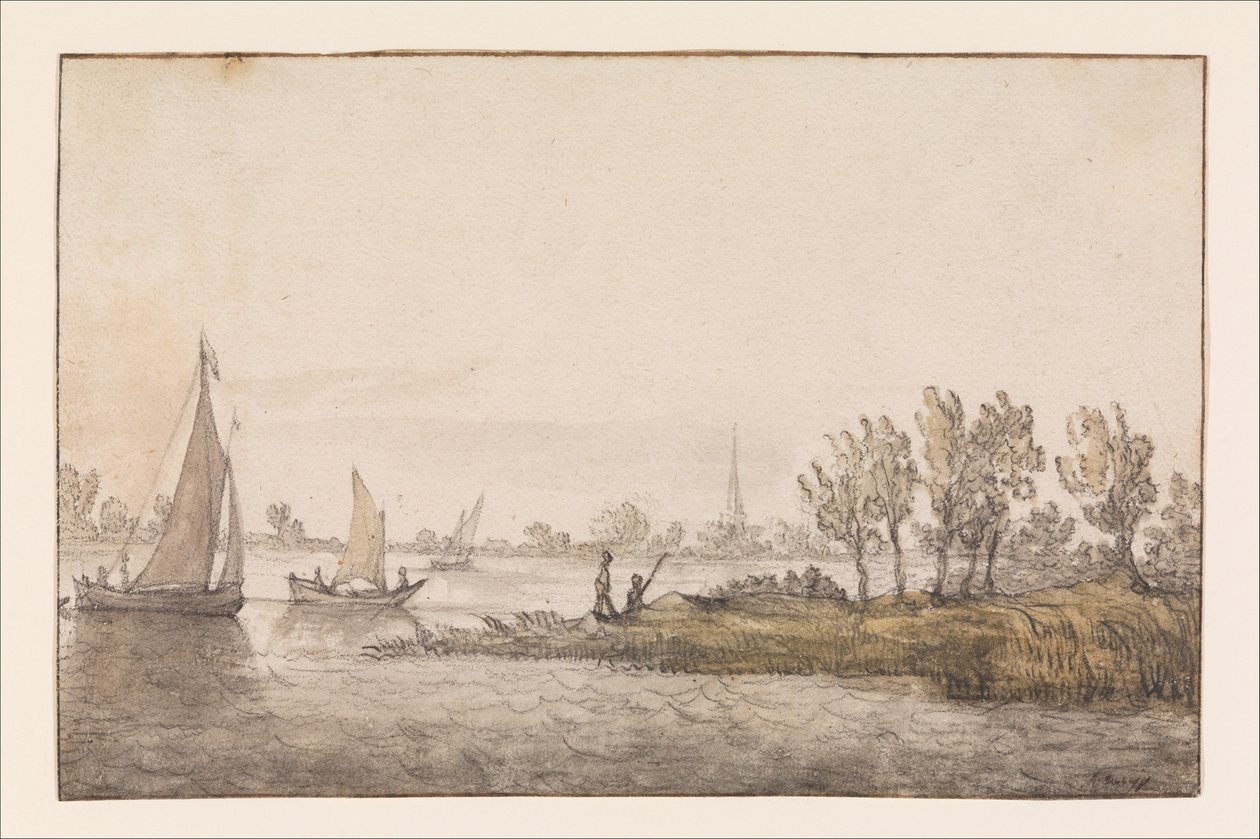 Flodlandskap med segelbåtar av Aelbert Cuyp