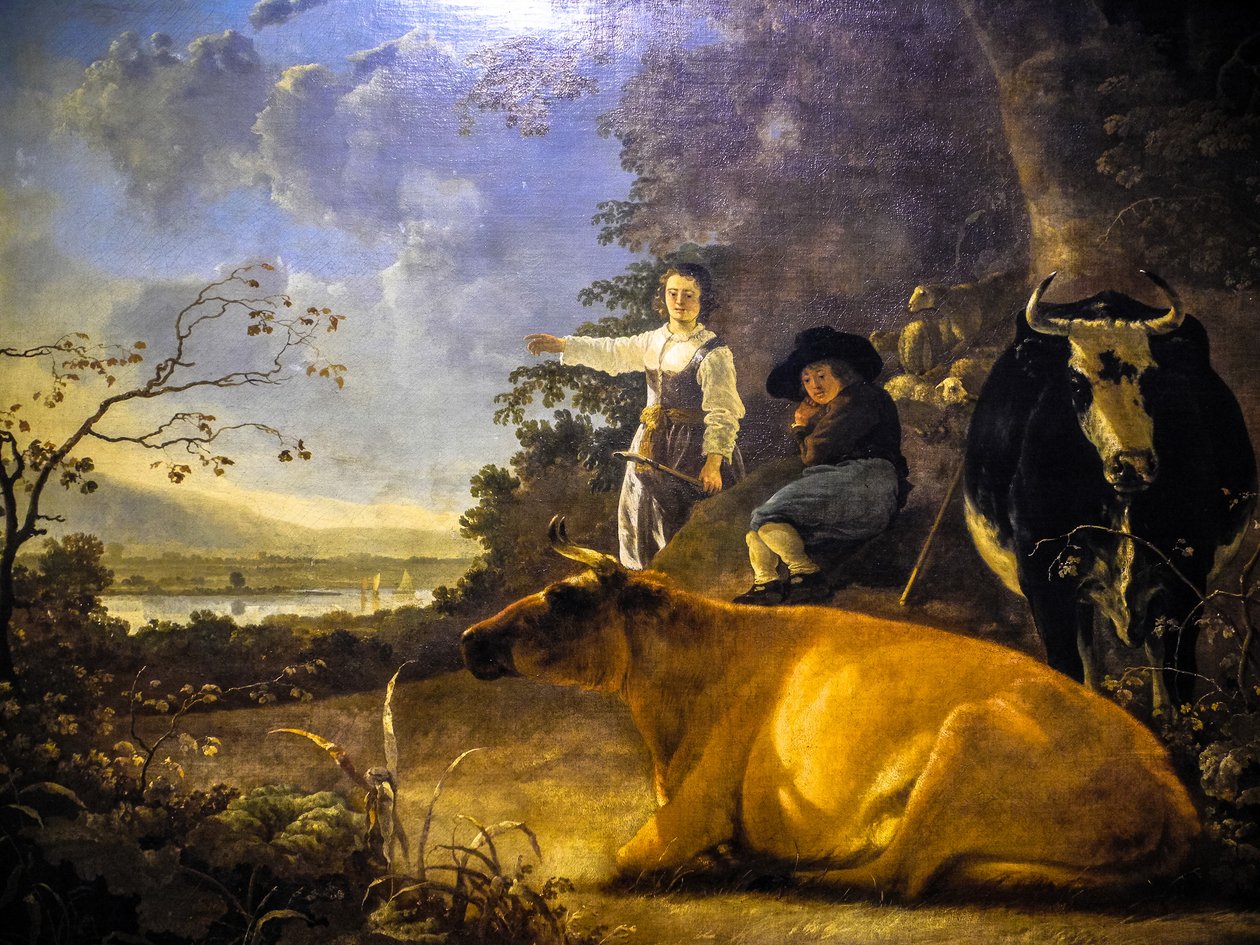 Två kor med en herde och en herdinna av Aelbert Cuyp