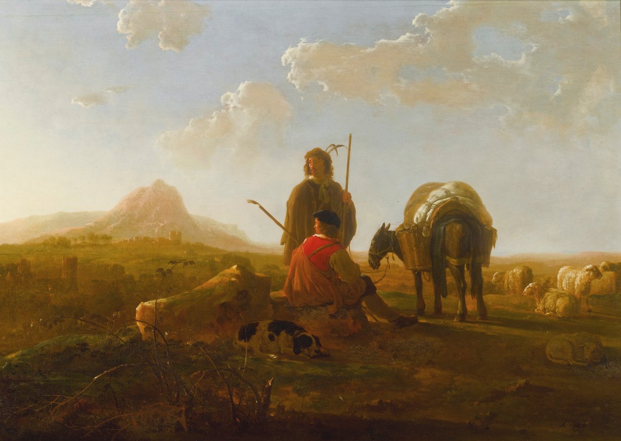 Två herdar i ett kuperat landskap av Aelbert Cuyp