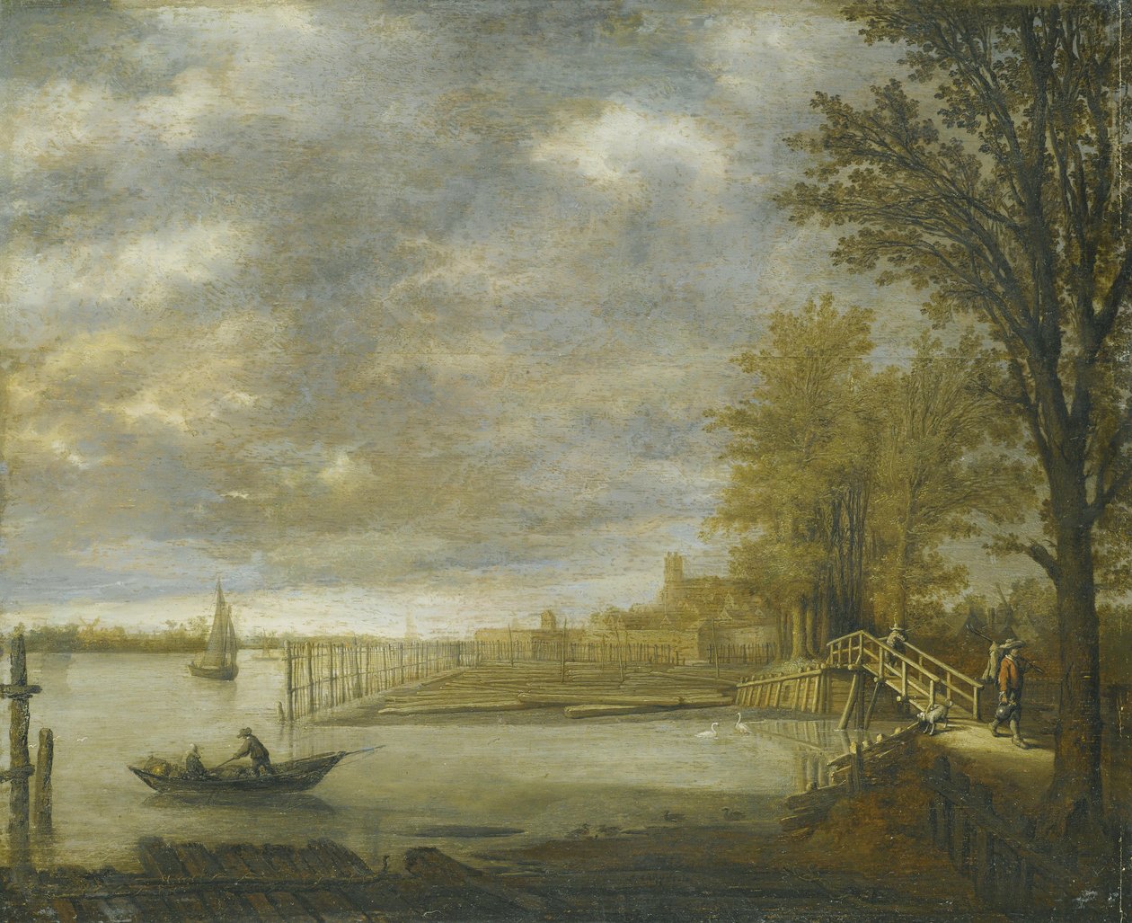 Vy över Dordrecht från söder, i förgrunden timmervarven av Aelbert Cuyp
