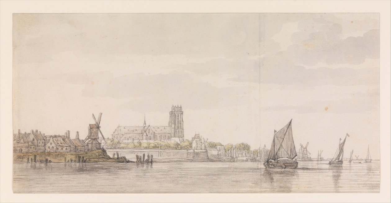 Utsikt över Groote Kerk i Dordrecht från floden Maas av Aelbert Cuyp