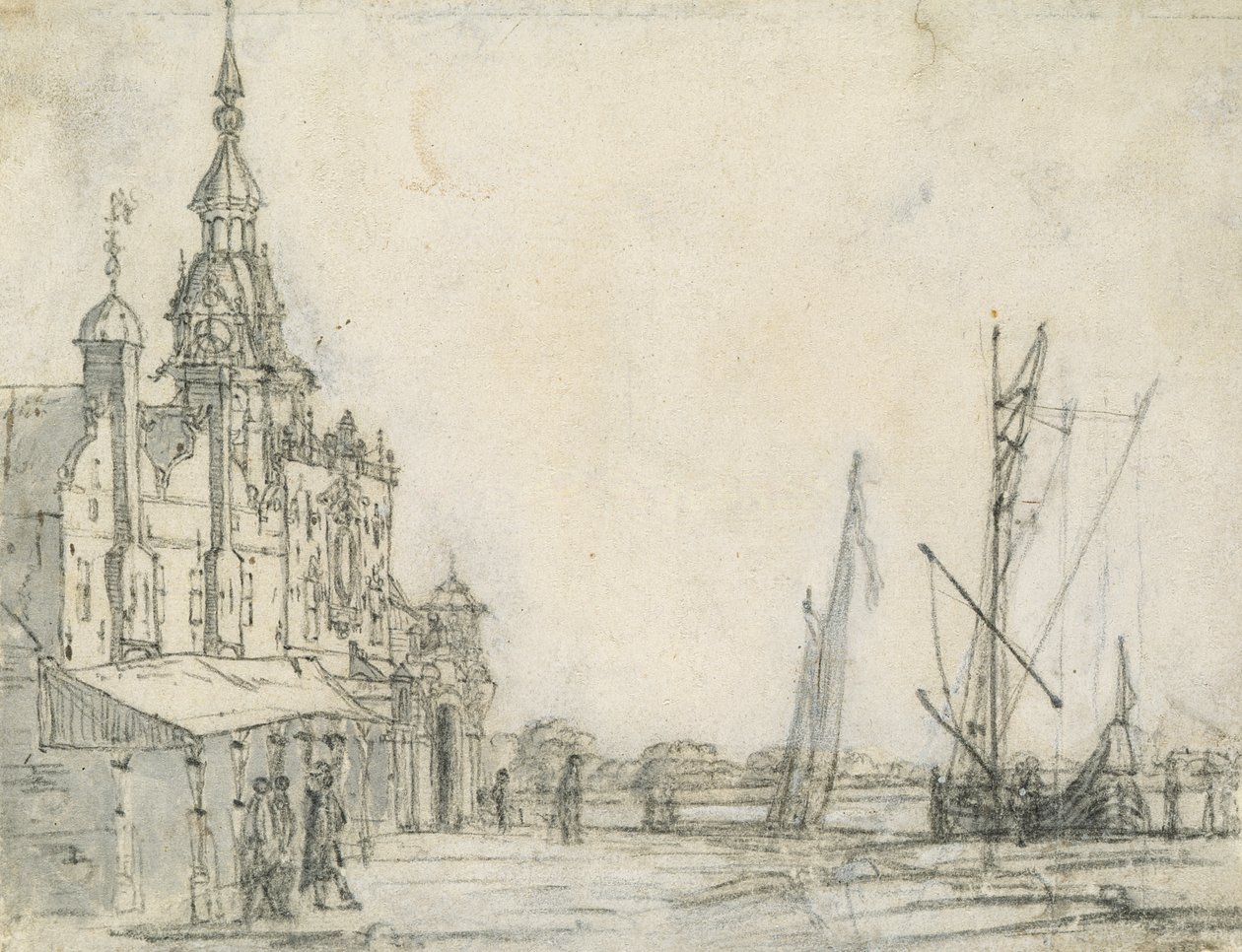 Utsikt över Groothoofdspoort från nordost, Dordrecht, 1618 (krita på papper) av Aelbert Cuyp