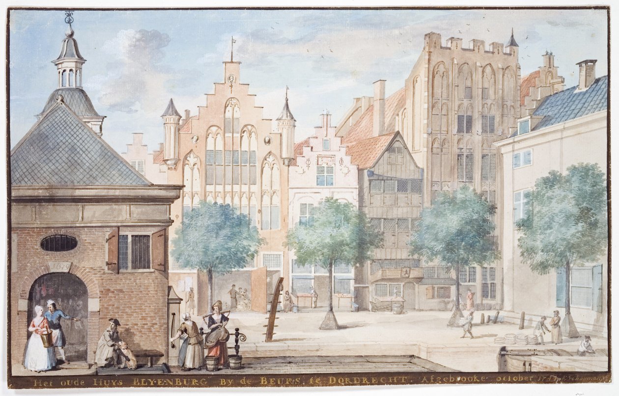 En vy över Wijnstraat, Dordrecht 1745 av Aert Schouman