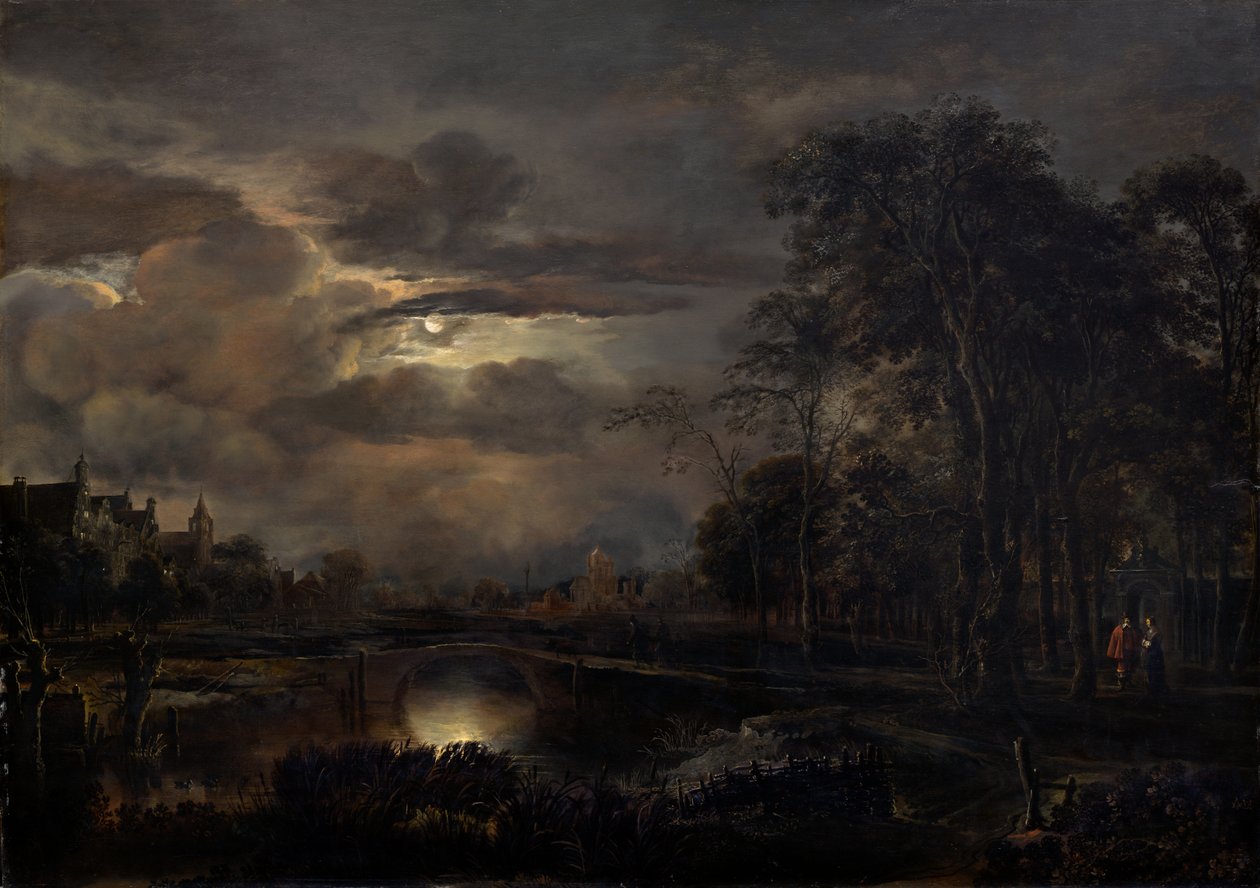Månbelyst landskap med bro av Aert van der Neer