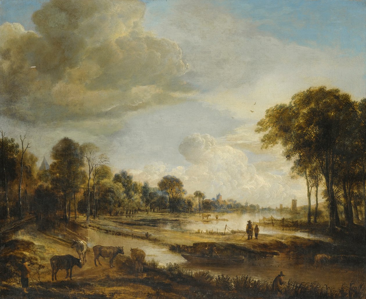 Ett flodlandskap med figurer och nötkreatur av Aert van der Neer