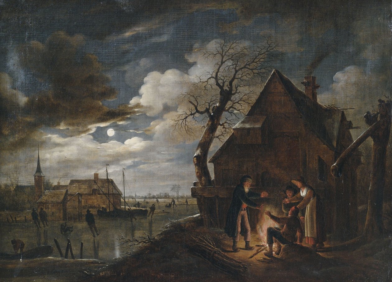 Holländische Kanallandschaft bei Mondschein mit Schlittschuhläufern und einem Lagerfeuer, an dem sich Bauern wärmen av Aert van der Neer