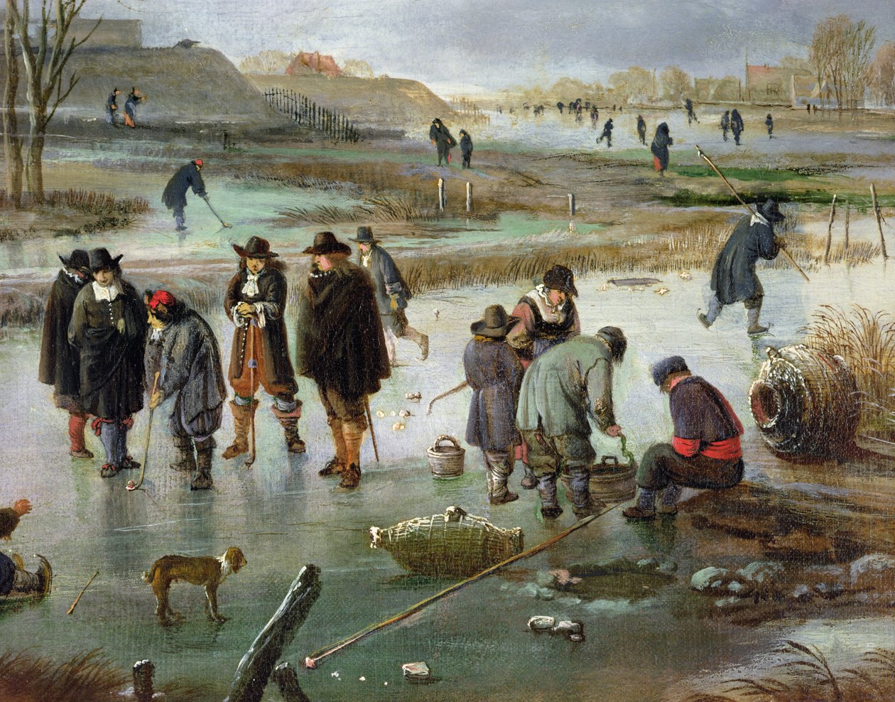 Skridskoåkning utanför stadsmuren, detalj av ishockeyspelare av Aert van der Neer