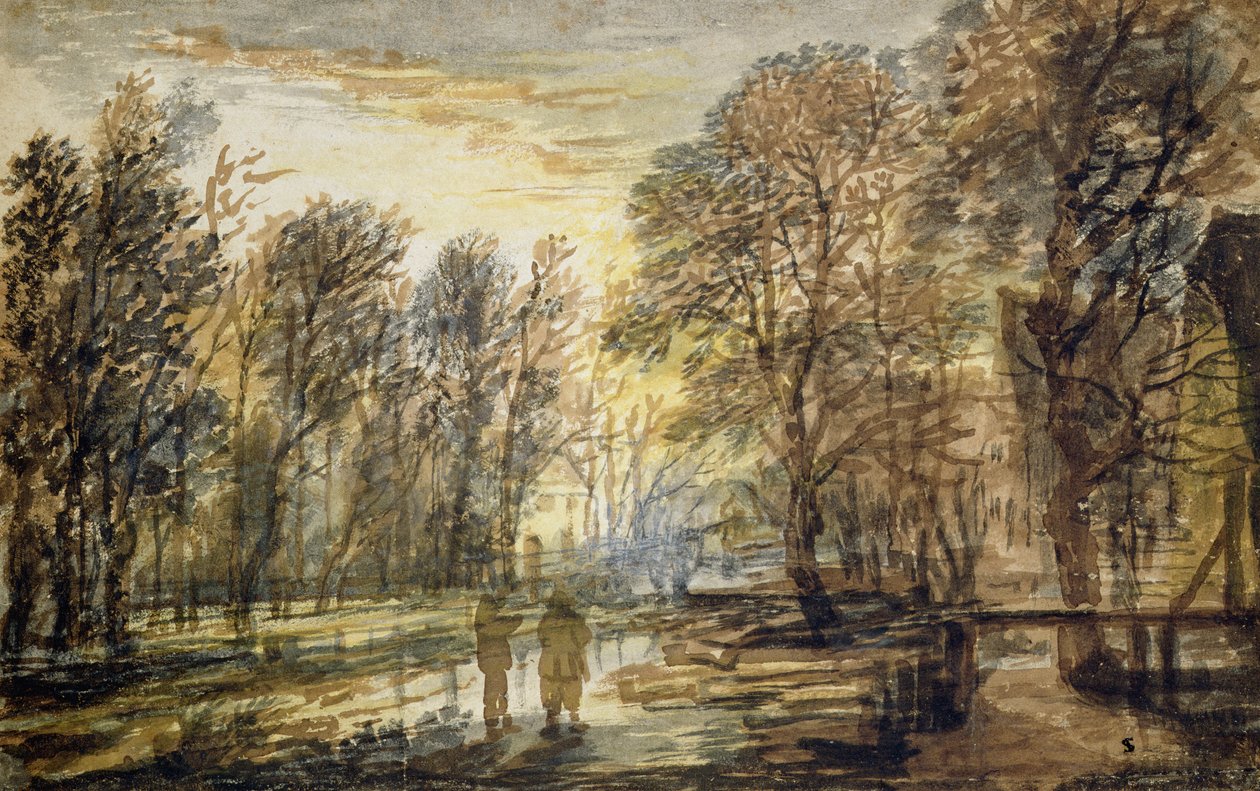 Sunset in the Wood (penna och brunt bläck på papper) av Aert van der Neer
