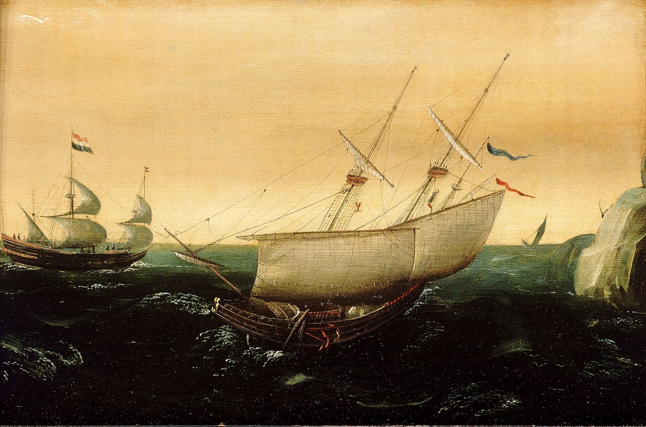 Ett holländskt skepp på nära håll, ca 1610 (olja på pannå) av Aert Anthonisz