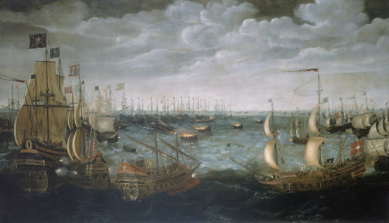 Sjösättning av eldskepp mot den spanska armadan, 7 augusti 1588, ca 1590 (olja på duk) av Aert Anthonisz