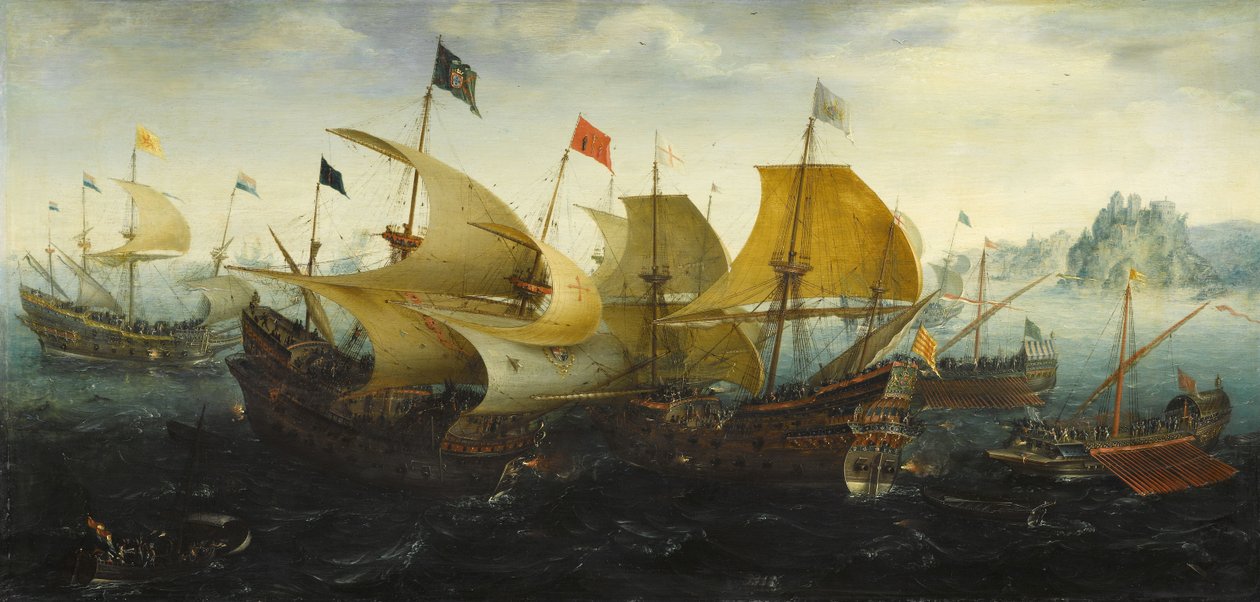 Slaget vid Cadiz (holländska och engelska fartyg attackerar den spanska armadan) av Aert Anthonisz