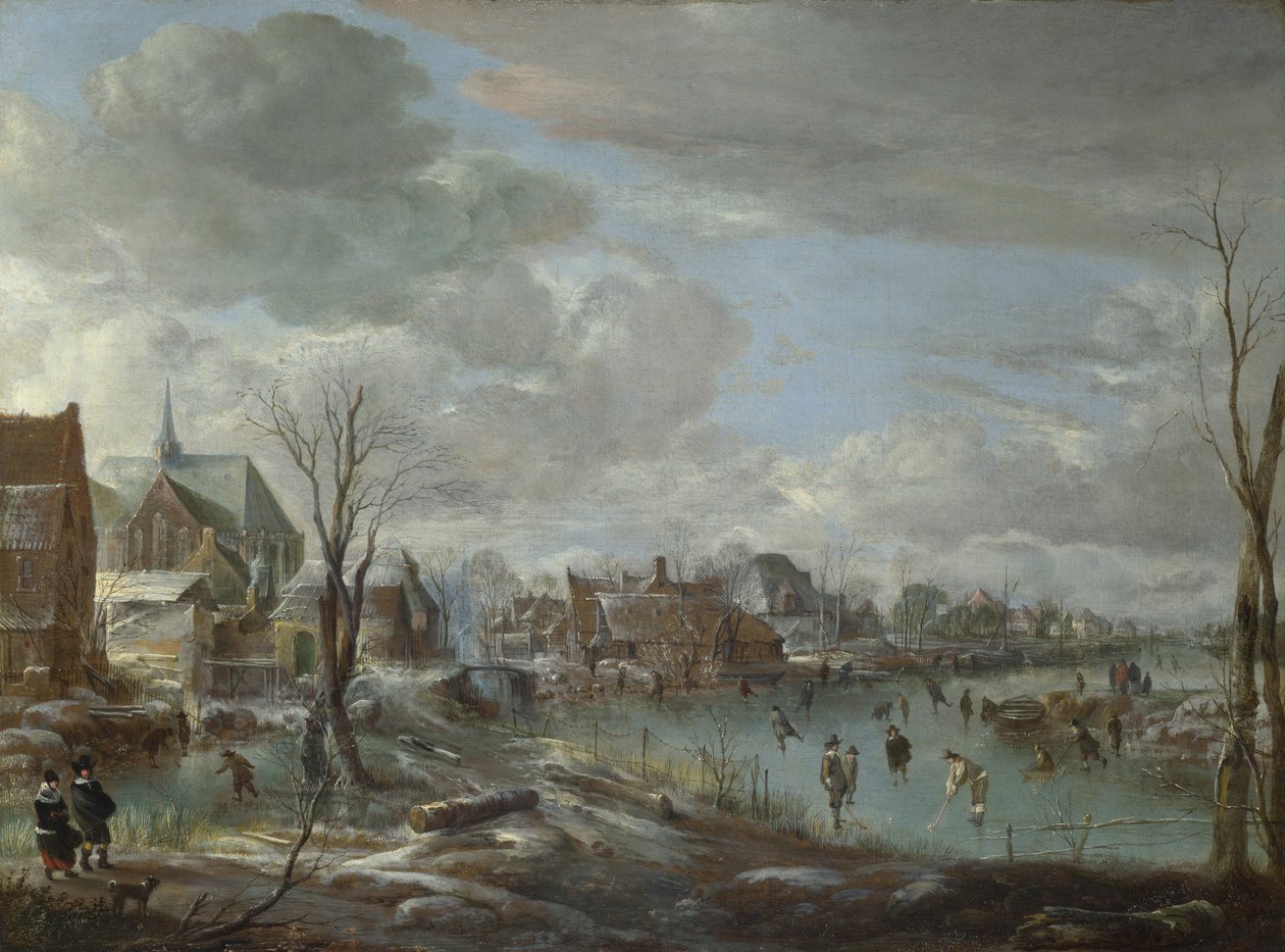 En frusen flod nära en by, med golfare och skridskoåkare, ca. 1647-1648 av Aert van der Neer