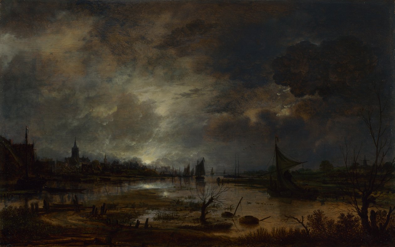 En flod nära en stad, vid månsken, ca. 1645 av Aert van der Neer