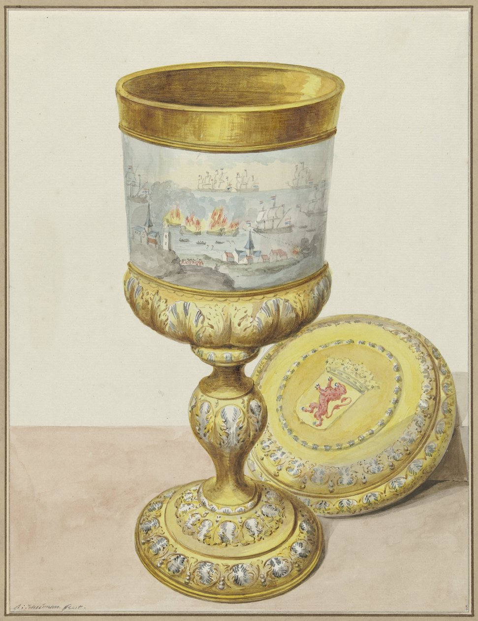 Gyllene bägare med lock, donerad till Cornelis de Witt i samband med resan till Chatham, 1667 av Aert Schouman (signed by artist)