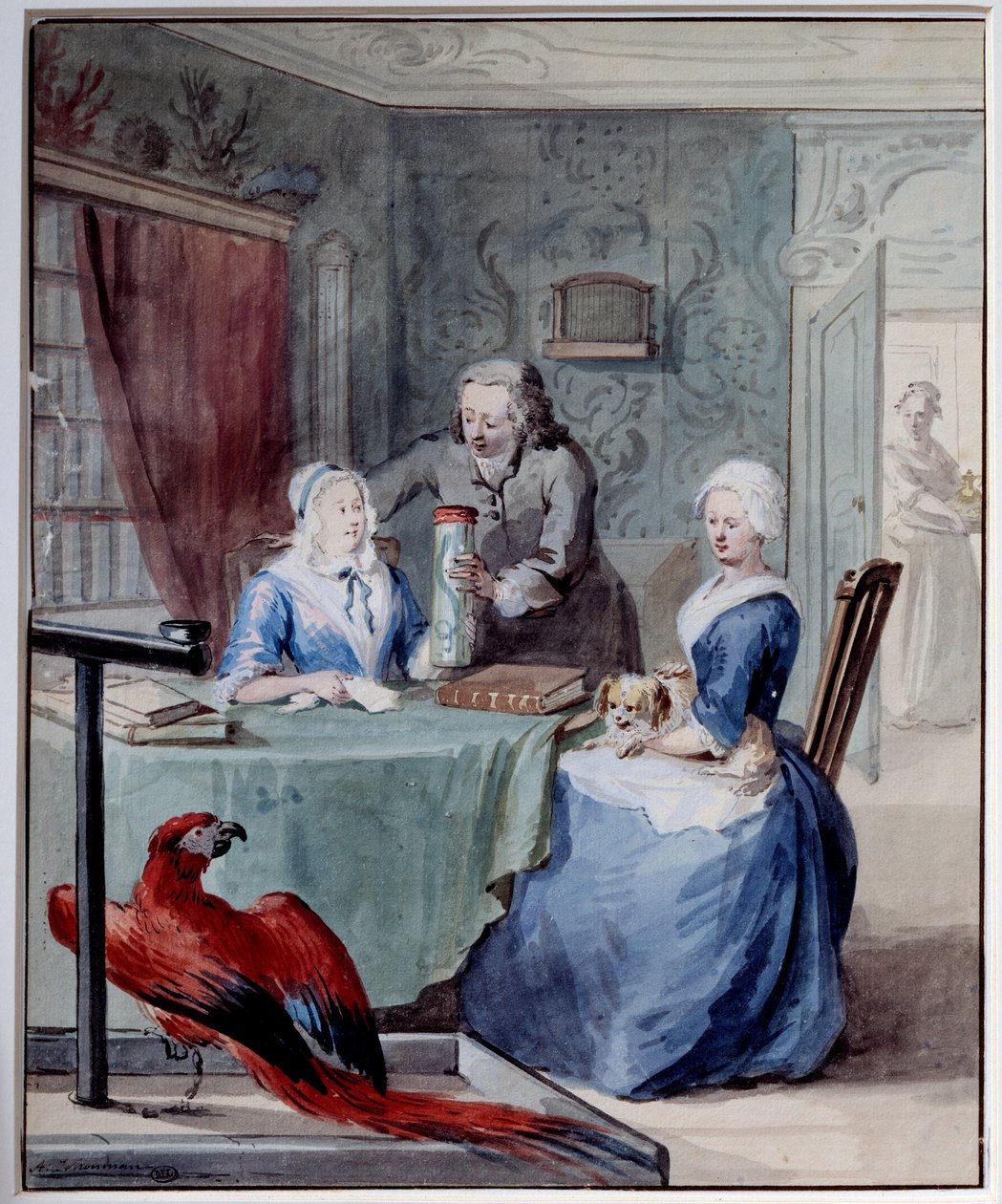 En naturforskare visar två kvinnor en burk som innehåller en orm i förgrunden en papegoja. Akvarell av Aert Schouman (1710-1792) 1700-talets sön. 0,24x0,2 m Paris, Louvren av Aert Schouman