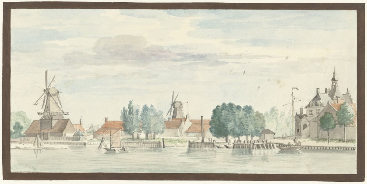 Utsikt över Dordrecht med Rietdijkspoort och väderkvarnar av Aert Schouman