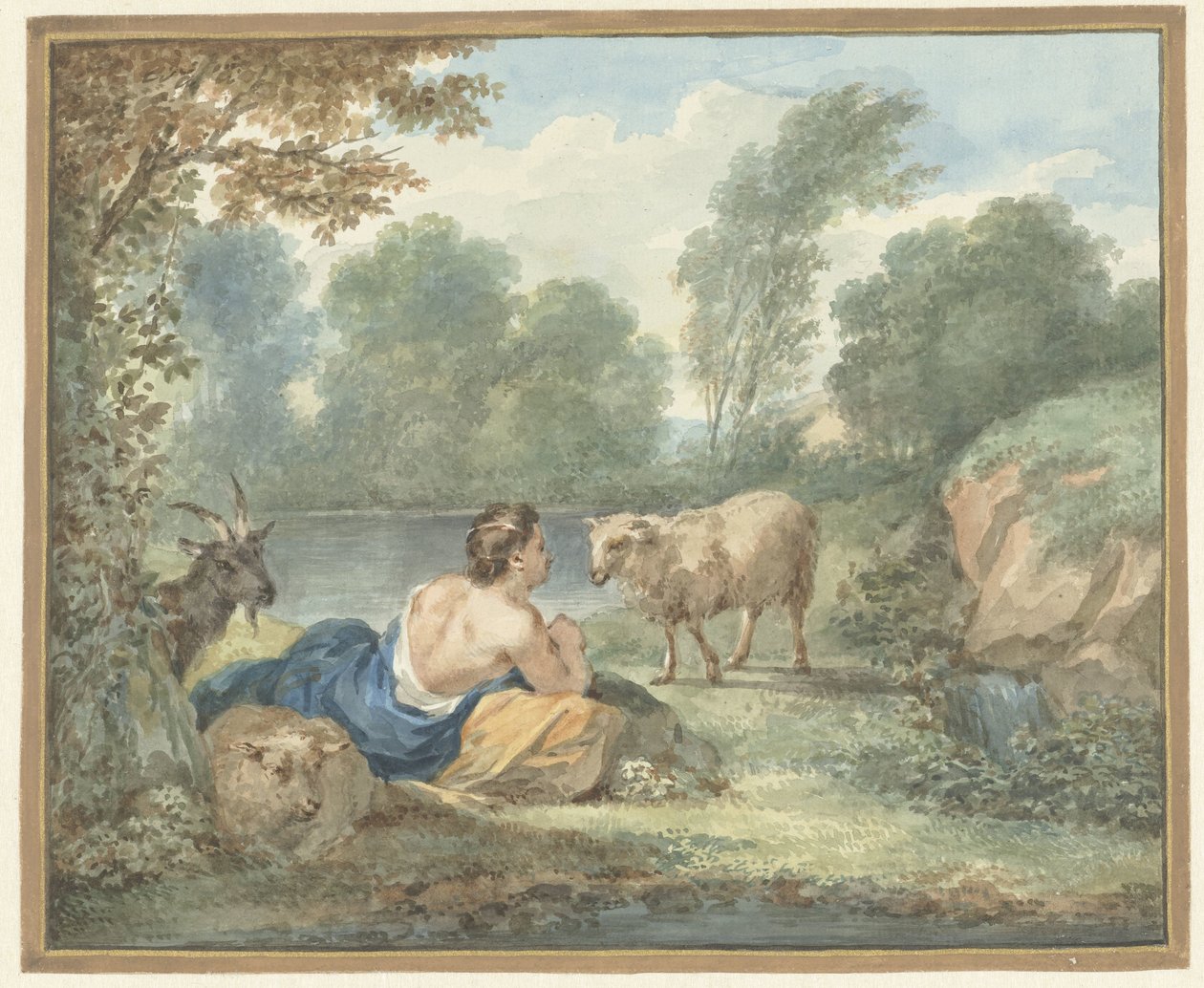 Herdinna med får i ett landskap med en sjö av Aert Schouman