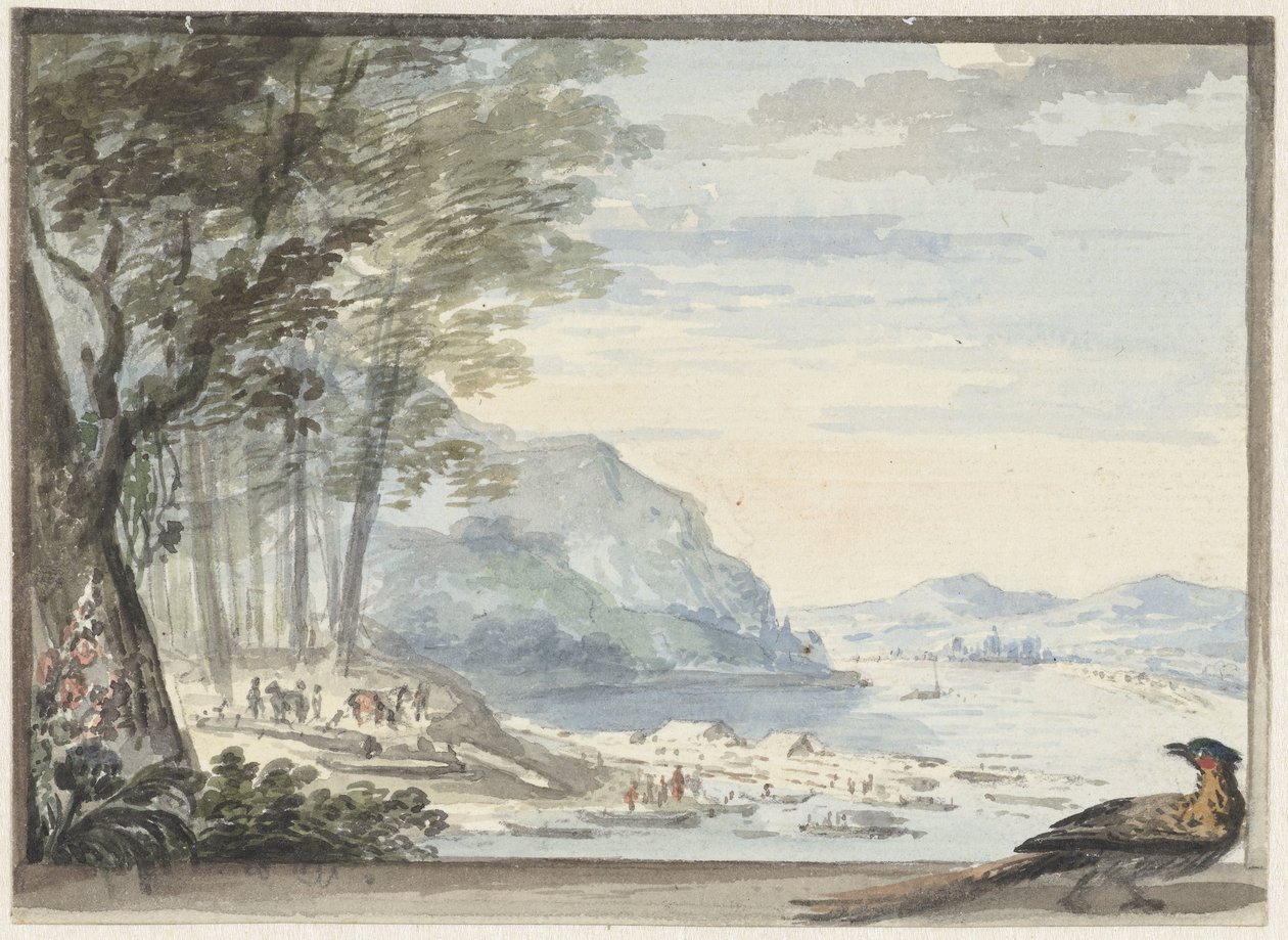 Flodlandskap med en kyckling i förgrunden av Aert Schouman