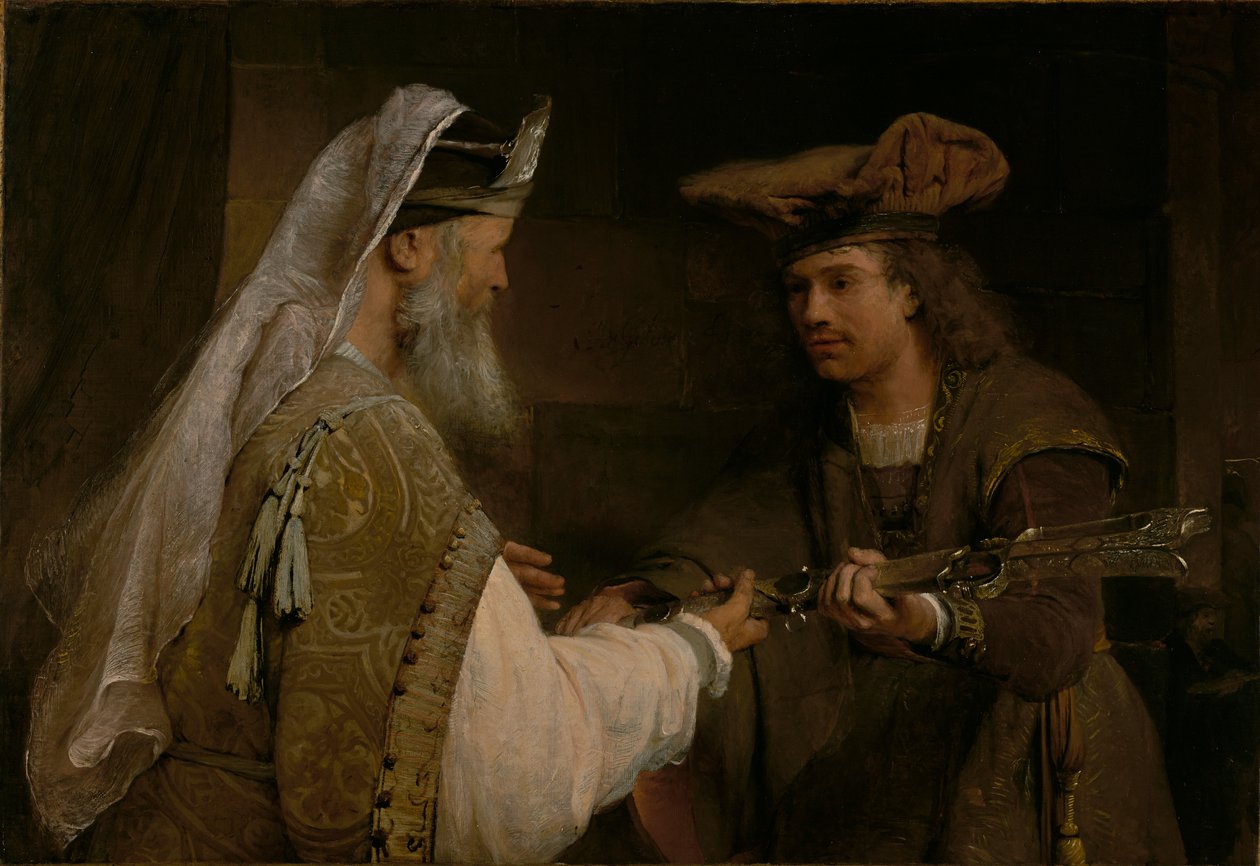 Ahimelech ger Goliat svärd till David av Aert de Gelder