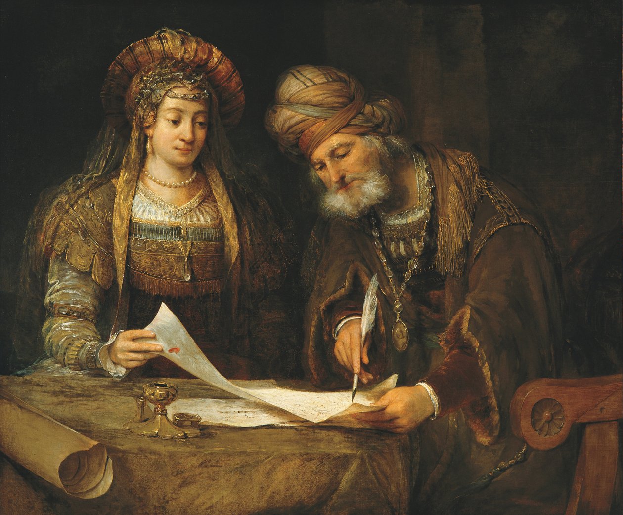 Ester och Mordokai skriver Purims första brev, ca 1675 (olja på duk) av Aernt de Gelder