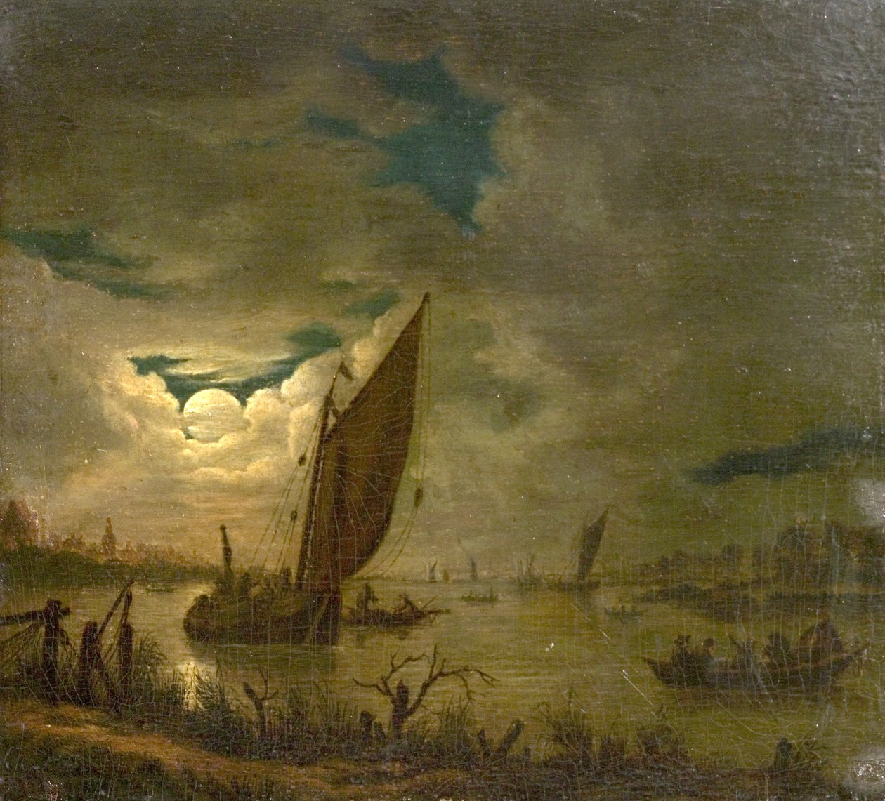 Flodscen med båtar och figurer (olja på trä) av Aert van der (imitator of) Neer