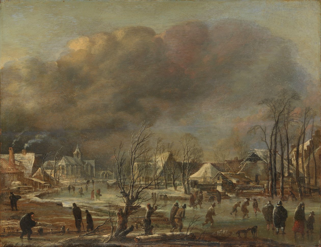 Vinterlandskap med kyrka och bondgårdar av Aert van der Neer (manner of)