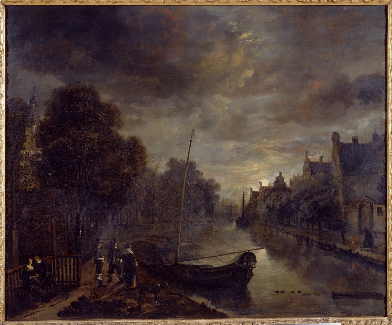 En kanal i en holländsk stad av månsken (olja på duk) av Aert van der Neer