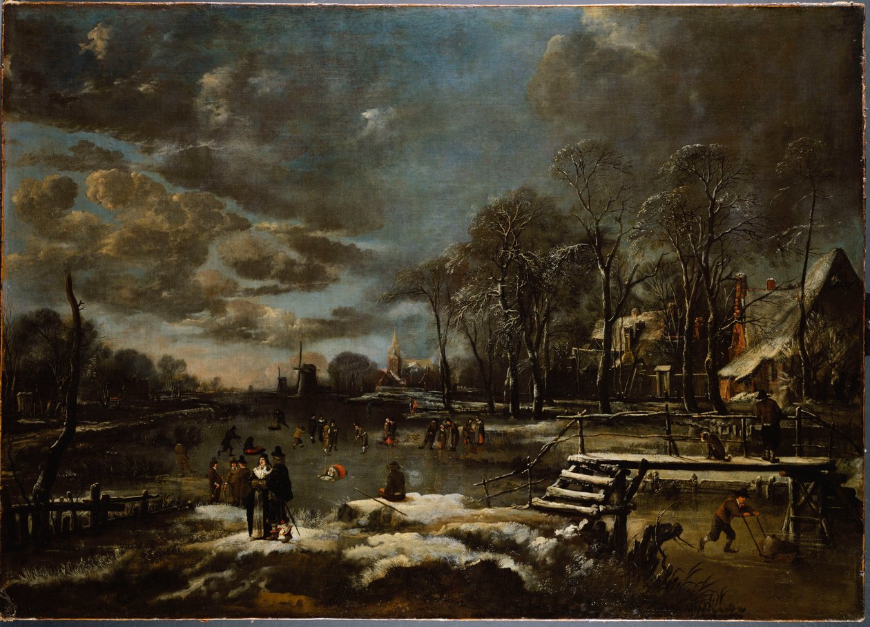 Ett vinterlandskap med figurer som spelar golf och skridskor av Aert van der Neer