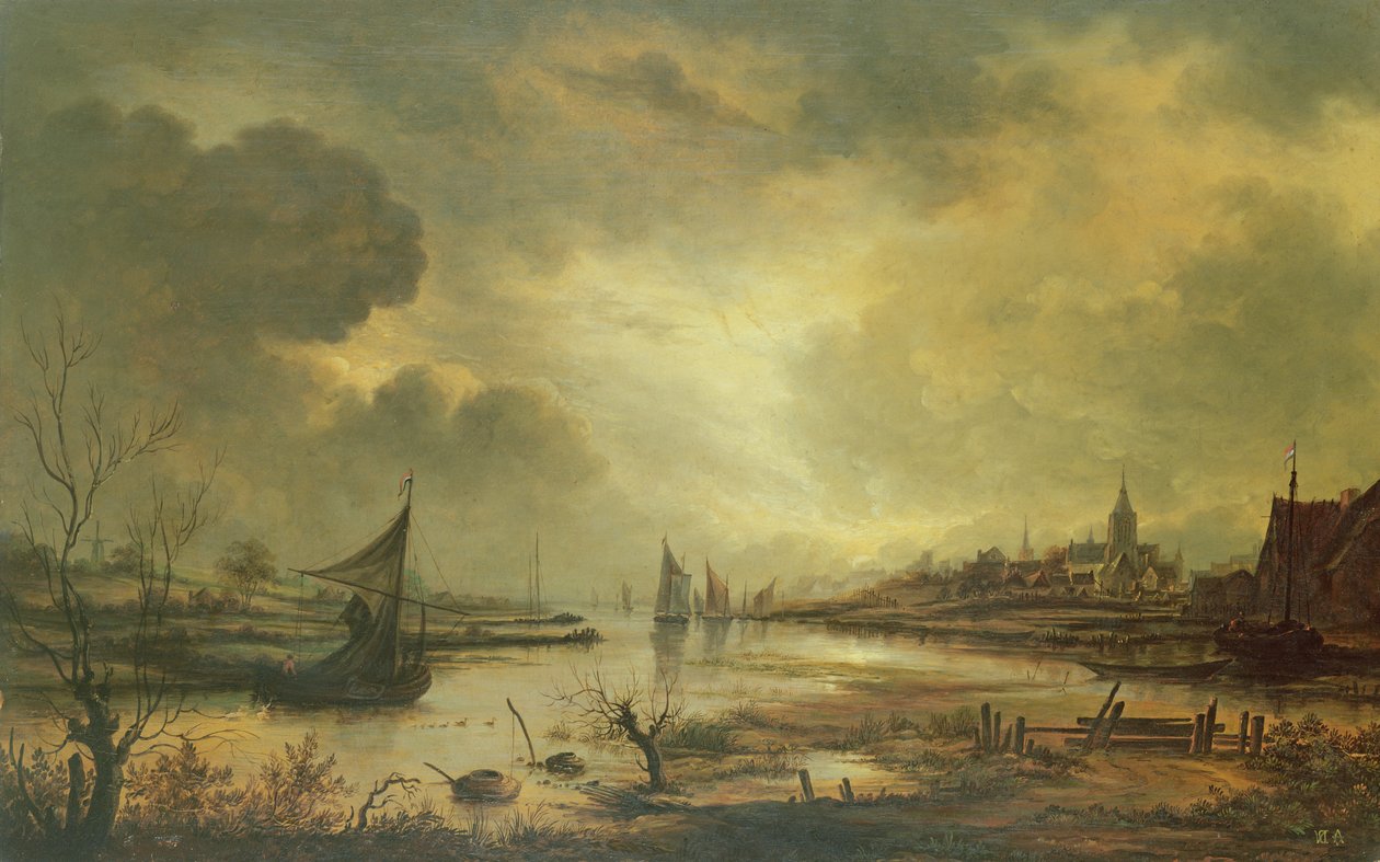 Dutch Town on a River by Moonlight (olja på panel) av Aert van der Neer