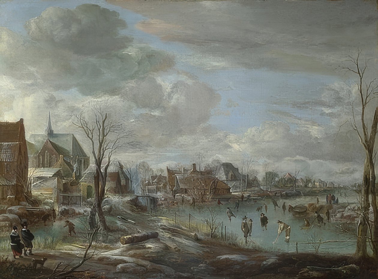 En frusen flod nära en stad med golfare och skridskoåkare. Omkring 1648 av Aert van der Neer